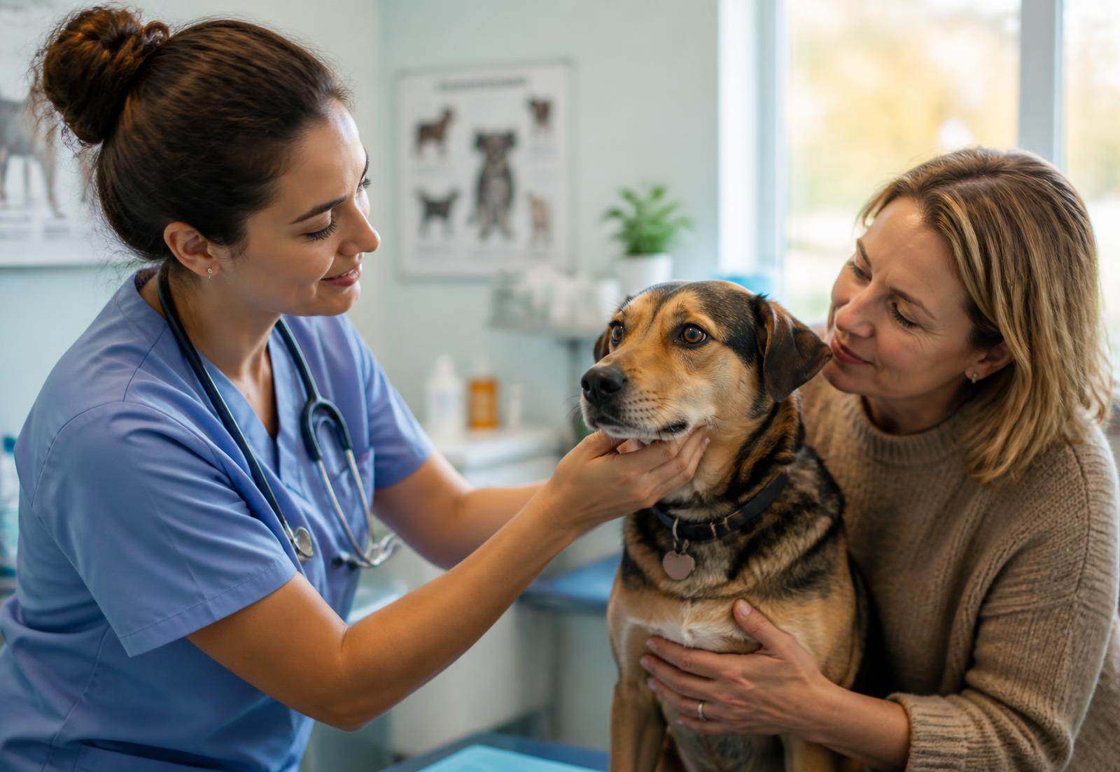 Dierenarts onderzoekt een hond terwijl de eigenaar hem vasthoudt
